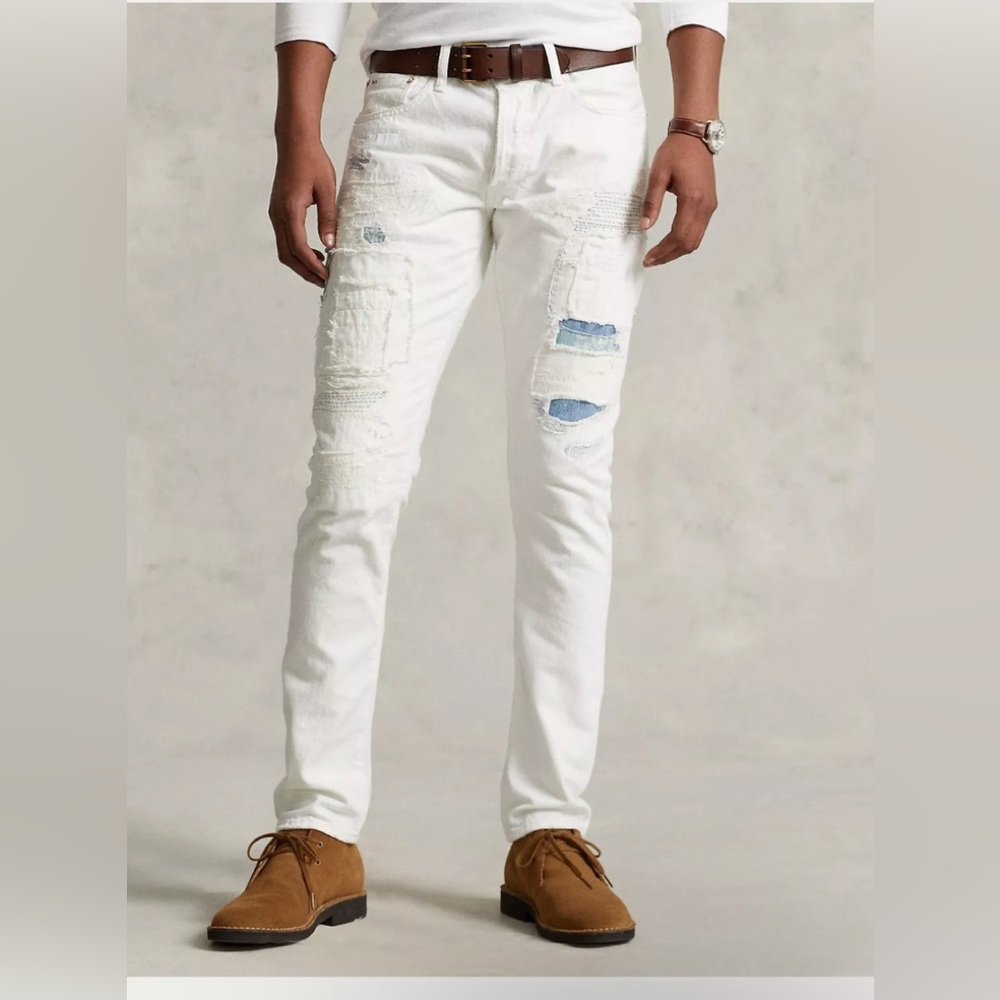 Polo Ralph Lauren Sullivan Slim Distressed Repaired Patchwork Jeans White Men 30